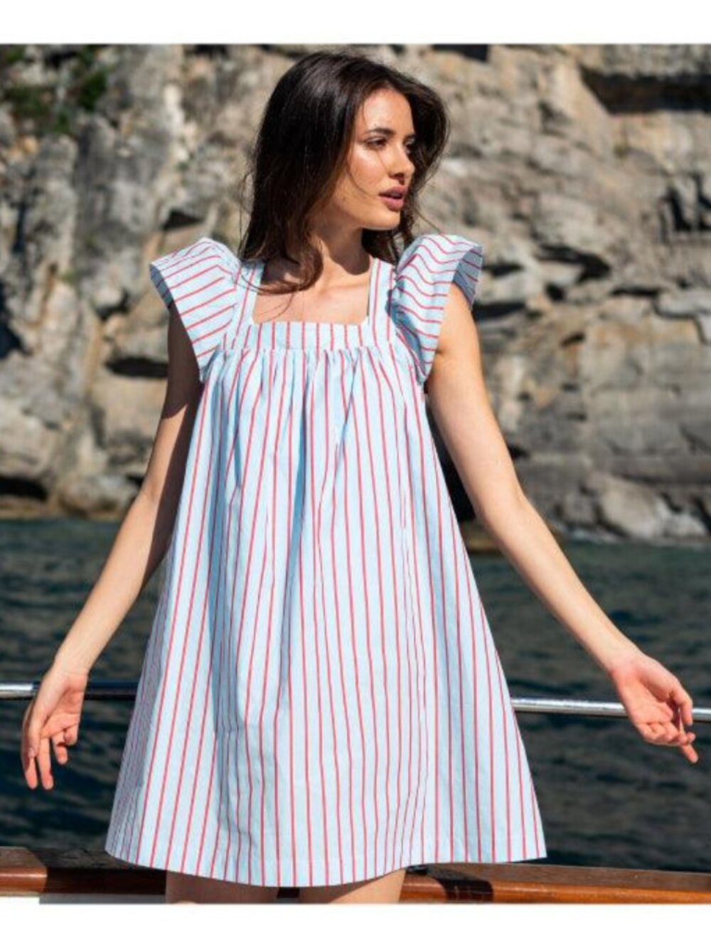 NEW MERSEA Voyageur Capri Mini Dress Medium Blue Red White Striped Coastal